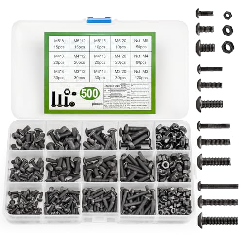 500 Stück M3 M4 M5 Schrauben Set, Linsenkopfschrauben Sortiment Set, schwarze Innensechskant Schrauben Muttern Set, Gewindemaschinen Innensechskantschrauben mit Muttern (500)