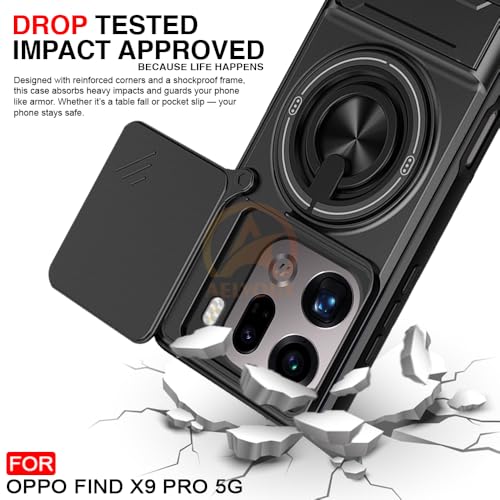 Image of Oppo Find X9 Pro 5G Back Cover | Armor Camera Slider 360 Degree Rotating Finger Ring Holder Case with Bracket Stand Back Case Cover (Compatible with MagSafe Accessories) (Black)