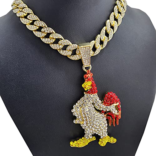 Gold Plated Large Icy Bling Chicken Pendant & 15mm 16" 18" 20" 24" 30" Iced Miami Cuban Chain Hip Hop Jewelry Necklace3