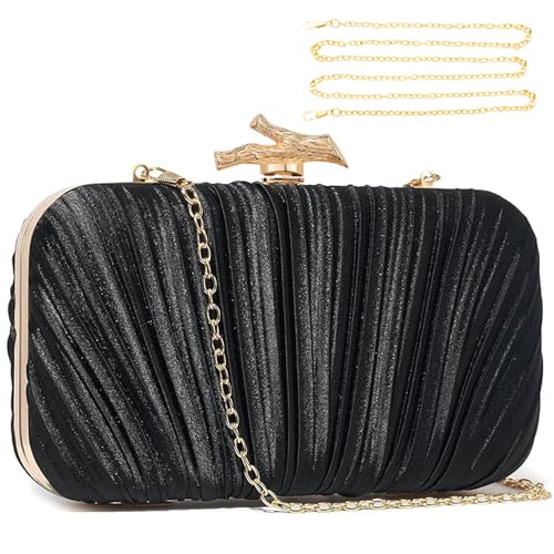 JAMBHALA Bolsa de noite elegante para mulheres, bolsa plissada de cetim, para festas de casamento, ocasiões formais de gala, Preto