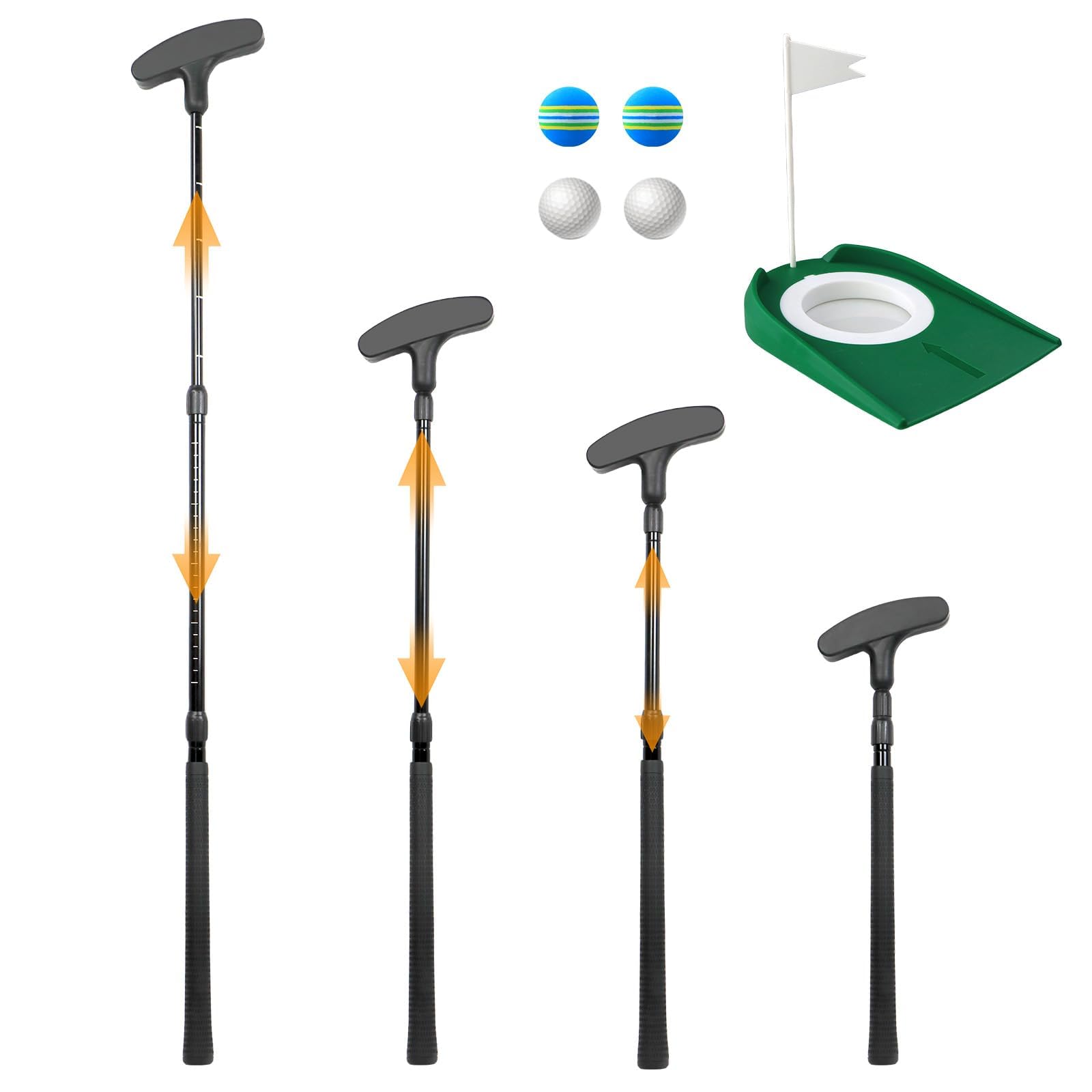 Golf Putter Verstellbar, für Links- und Rechtshänder – Komplettset in Schwarz inklusive 4 Bällen und 1 Fahnenloch – Ideal für Kinder, Jugendliche und Erwachsene (Einzelpackung)