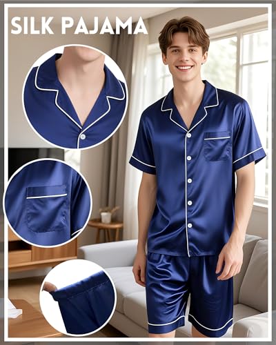 Skicuff Couples Silk Pajama Sets Short Sleeve Top and Shorts Pjs 2 Pieces Button Down Sleepwear Set M-XL(Man M,Blue) — view 2