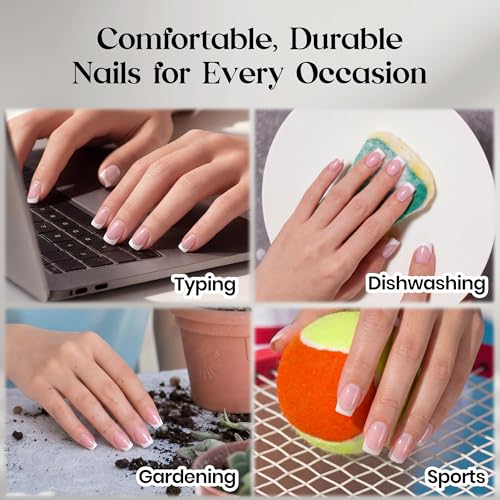 Image of Beetles Brown French Tip Press on Nails Short Square, 64 PCS Nude Fake Nails with Nail Glue & Adhesive Tabs, Glossy Reusable False Nails Kit, 16 Sizes DIY Home Salon Manicure for Women Girls