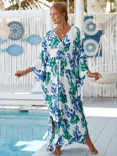 Image of sunforyou Kaftan Dresses for Women Plus Size Lightweight Swimsuit Cover up Batwing Sleeve Print Loungewear Beach Robe