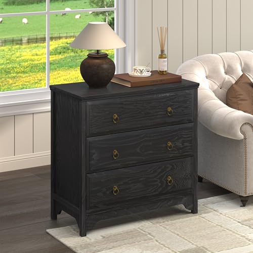 Image of Chogori Farmhouse Solid Wood Nightstand Set of 2, Rustic End Table with 3 Drawers & Vintage Ring Pulls, Sturdy Accent Side Table for Bedroom, Living Room, Hallway (Black-3 Drawers)
