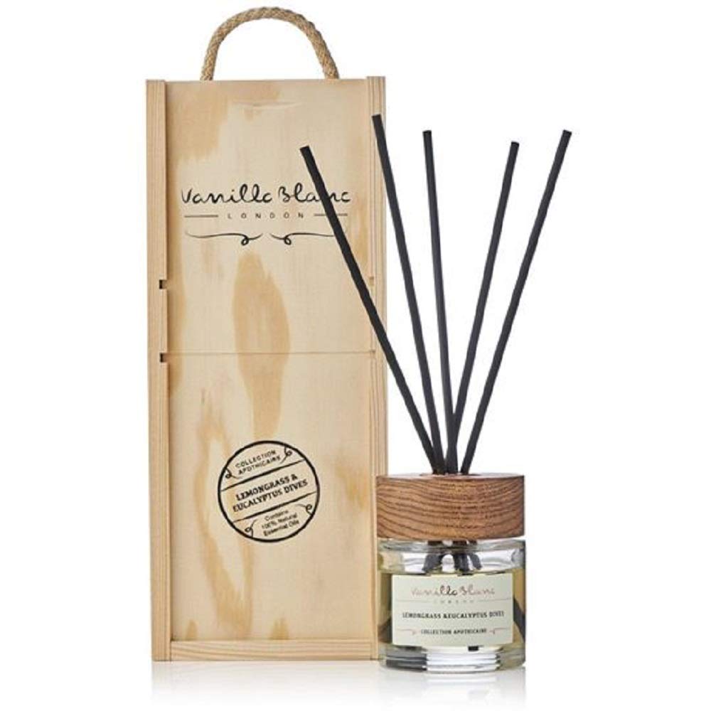 Vanilla Blanc Naturalny trzcinowy dyfuzor i świeca zestaw prezentowy zamknięty w podpisie ręcznie wykonane drewniane pudełko (trawa limonowa i eukaliptusowa)
