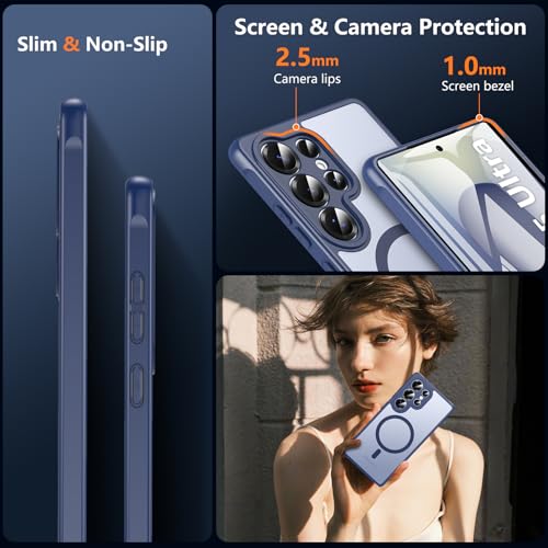 Image of OWKEY Galaxy S25 Ultra Case 6.86'',Magnetic S25 Ultra Case for Magsafe with Tempered Glass Screen, [Shockproof Military] Transparent Back Slim Bumper Cover Phone Case Galaxy S25 Ultra, Blue