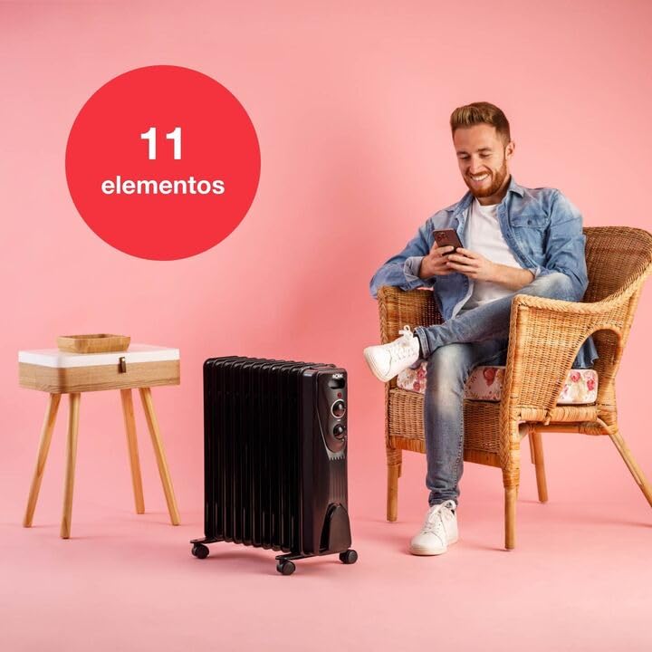 Solac - Radiador Eléctrico de Aceite 2300W | 11 Módulos | Bajo Consumo | Hasta 23m² | 3 Niveles | Termostato regulable | Sistema de Seguridad Protección Sobrecalentamiento | Calefactor | Negro