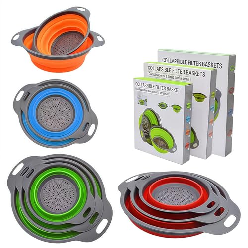 BDHD 折りたたみ式ザル 3点セット シリコン製キッチン水切りバスケット 丸型 伸縮可能 野菜 フルーツ用 ストレーナー 洗浄 水切り 食器収納にも便利 (オレンジ色,3点セット)