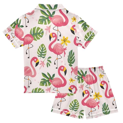 ALAZA Flamingo Flower Floral Palm Leaves Pajamas Satin Pajama Set Short Sleeve Button Down Sleepwear2