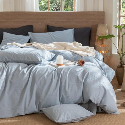 Image of MooMee Wavy Striped Duvet Cover Set 100% Washed Cotton Linen Like Textured Breathable Durable Soft Comfy (Cornflower Blue, Cal King 104 inchx98 inch)