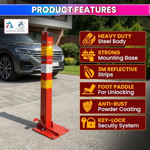 Image of amiciAuto Heavy Duty Folding Parking Barrier Lock with Keys & Foot Quick-Deploy | Metal Retractable Parking Post Obstacle | Anti-Theft Reserved Parking Guard for Home, Office & Private Driveways