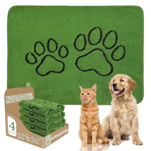 Image of Homimp Washable Pee Pads for Dogs, 4 Pack Super Absorbent Reusable Puppy Pads, Green Long Wool Fake Grass for Potty Training, Upgrade Non-Slip and Leak-Proof,Floor, Couch, Bed, and Crate,Green 30 inchx34 inch