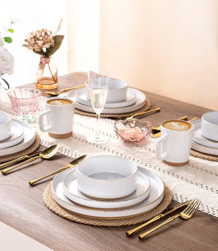 Image of AmorArc Ceramic Dinnerware Sets for 8, 24 Pieces Handpainted Plates and Bowls Set with Rustic Terracotta Underside, Scratch Resistant Stoneware Dishes Set, Dishwasher & Microwave Safe