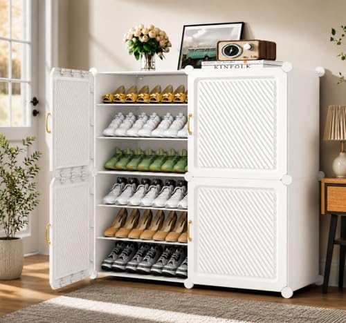 Image of Mevigo 12-Tier Shoe Rack with 4-Doors| Holds 24-Pairs |Waterproof & Dustproof Modular Plastic Shoe Cabinet| Foldable Stackable Shoe Organizer with Metal Frame |Space Saving Storage for Home,Entry Way