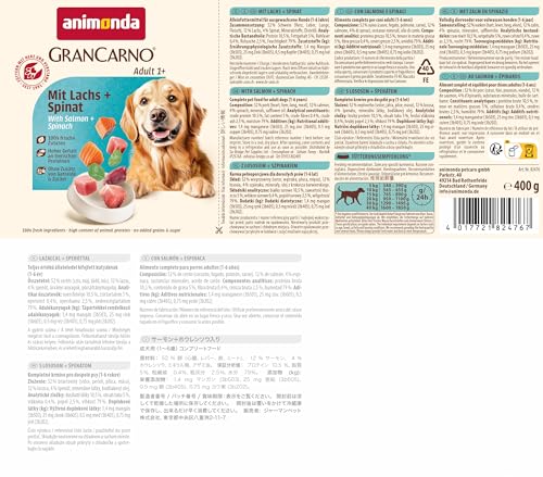 animonda GranCarno Hunde Nassfutter mit Lachs + Spinat (6 x 400 g), getreidefreies Hundenassfutter ohne Zucker, für ausgewachsene Hunde, mit frischen fleischigen Zutaten