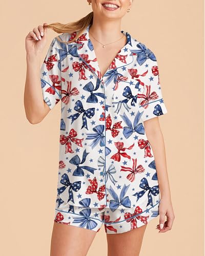 Image of Women Easter Pajamas Set Cute Bunny Button Down Shirt and Shorts 2 Piece Pj Set Y2K Easter Outfits