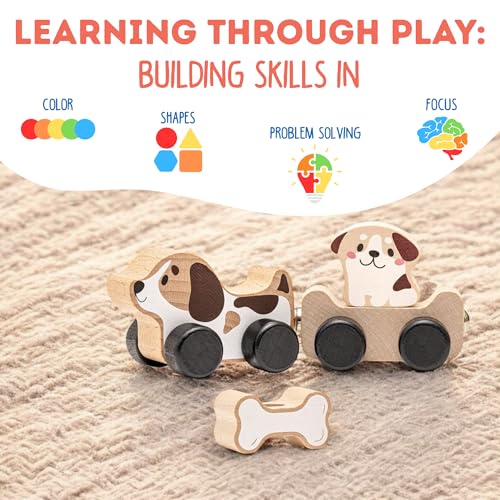 Image of Cubika Wooden Clever Puppies Train Toy - Magnetic Dog-Themed Wood Toy Playset for Toddlers 18 Months+ - Montessori Toy for Fine Motor Skills and Imaginative Play