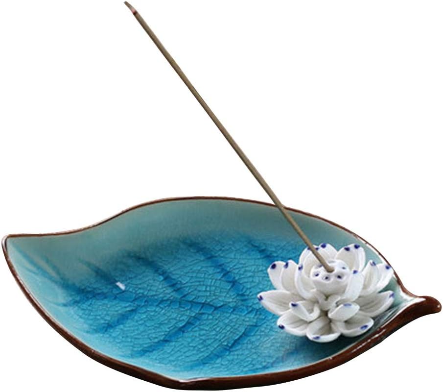 Incense Holder for Sticks, Ceramic Incense Ash Catcher Tray, Leaf-Shape Tray and Lotus Sticks Holder (Sky Blue)