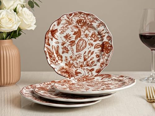 Image of Bodhi House 4-Piece Brown Leaf White Porcelain Quarter Plates Set | Snack & Dessert Plates | Lightweight, Chip Resistant, | Microwave & Dishwasher Safe | Elegant Tableware for Dining & Gifting