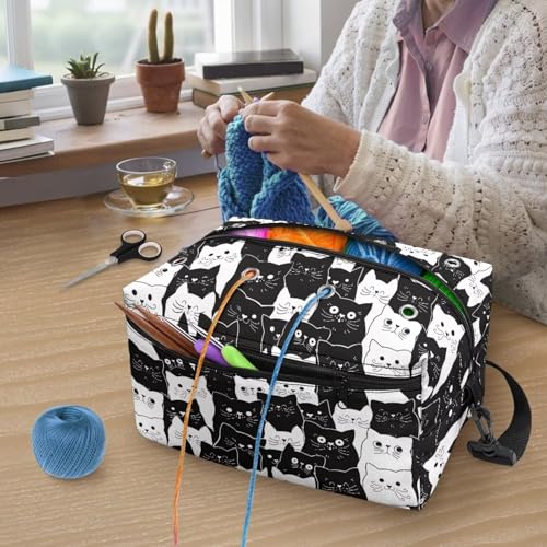 Image of Drnuikhe Black Cats Knitting Bag Yarn Storage Organizer, Portable Knitting Tote Basket Yarn Bags for Crochet Hooks Yarn Holder for Crocheting Knitting Accessories Crochet Gift for Mother Wife