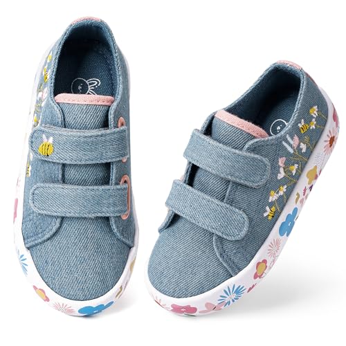 waddle wonder Denim Toddler Slip on Shoes for Boys & Girls Flowers and Bees Embroidery Hook & Loop Non-Slip School Walking Tennis Sneakers Blue Size 6-10