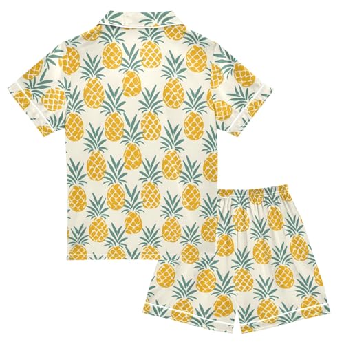 Creative Yellow Cartoon Pineapples Summer Satin Pajama Set, Cute Button-Down Sleepwear Pj Set for Sleep Wears2