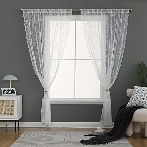 Autumn Dream Rose White Lace Sheer Curtains with Ruffle ,2 Panels Floral Knitted Lace Semi Sheer Panels for Sliding Glass Door, Living Room, Bedroom,56by63 inch Cover