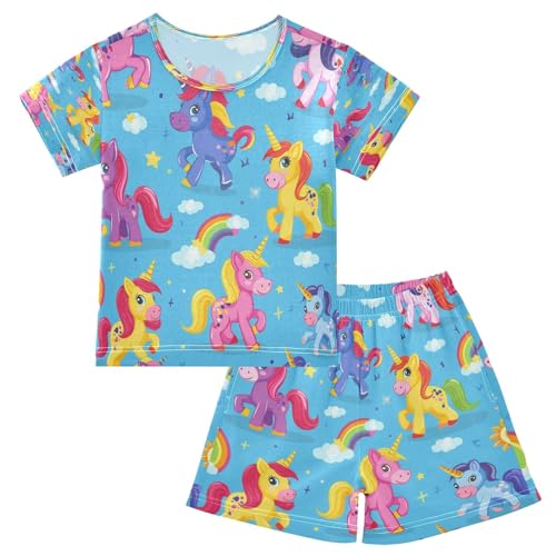 Yellow Pink Horse Kids Pjs Set Boys Girls Summer Short-Sleeve Sleepwear Pajamas 2PCS