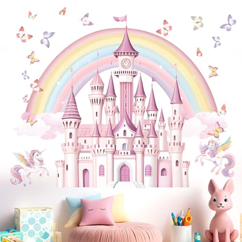 Rainbow Castle Wall Stickers for Girls: Peel and Stick Unicorn Fairy Tale Butterfly Cloud Unicornio Wall Decals - Wall Decor Art Kids Supplies Ages...