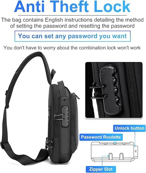 Image of TOURISTIANO Crossbody Sling Bag, Waterproof Polyester, Hard-Shell Anti-Theft with Built-in Password Lock, Slim Lightweight Travel Pack