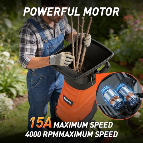 Image of MAXLANDER 15-Amp Electric Wood Chipper Shredder, 1.75-Inch Cutting Capacity, Yard Waste Mulcher for Composting Branches & Twigs, Corded Chipper with Collection Bag