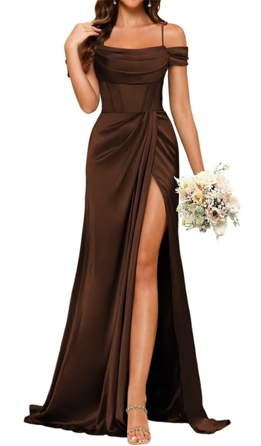 Yiann Women's Brown Satin Bridesmaid Dresses For Pleated Mermaid Prom Gown Corset Formal Evening Dress Uk22