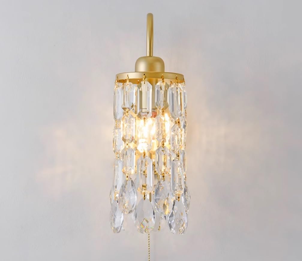 Pull Chain Switch Crystal Wall Sconce Modern Gold Wall Light Crystal Wall Lamp Crystal Bathroom Vanity Bedroom Living Room Light Fixture Decor