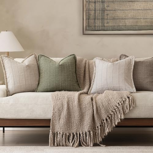 Image of Foindtower Set of 2 Decorative Linen Check Fringe Throw Pillow Covers Farmhouse Vintage Cushion Covers Modern Boho Home Decor for Sofa Chair Couch Bedroom Living Room,20x20 Inch,Sage Green