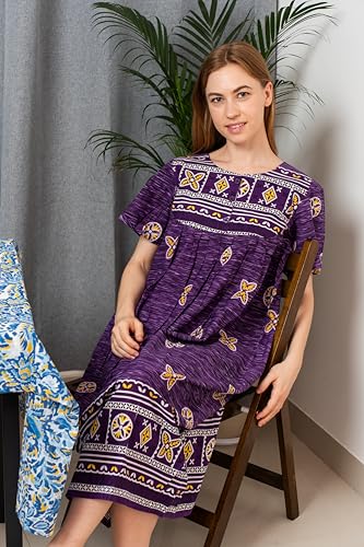 Loungees Border Print Cotton Lounge Dress/House Dress/Caftan | 3 Button Bib Yoke Short Sleeve2