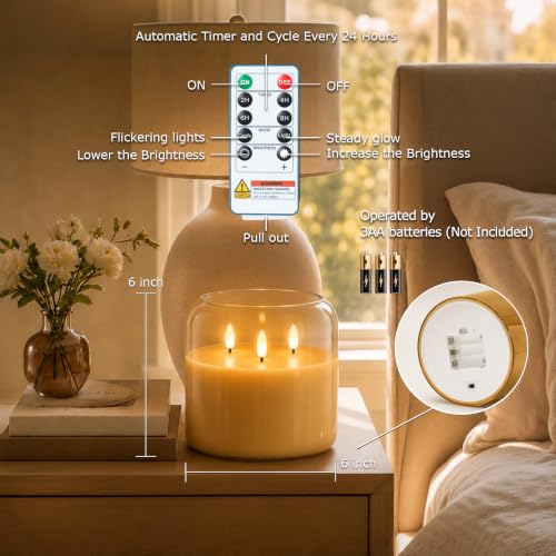 Image of Homemory 6 x 6 Inch Extra Large Flameless Candle, Rounded Rim Amber Glass 3-Wick LED Pillar Candle, Real Wax Battery Operated Candle with Remote Control and Timer for Home Decor