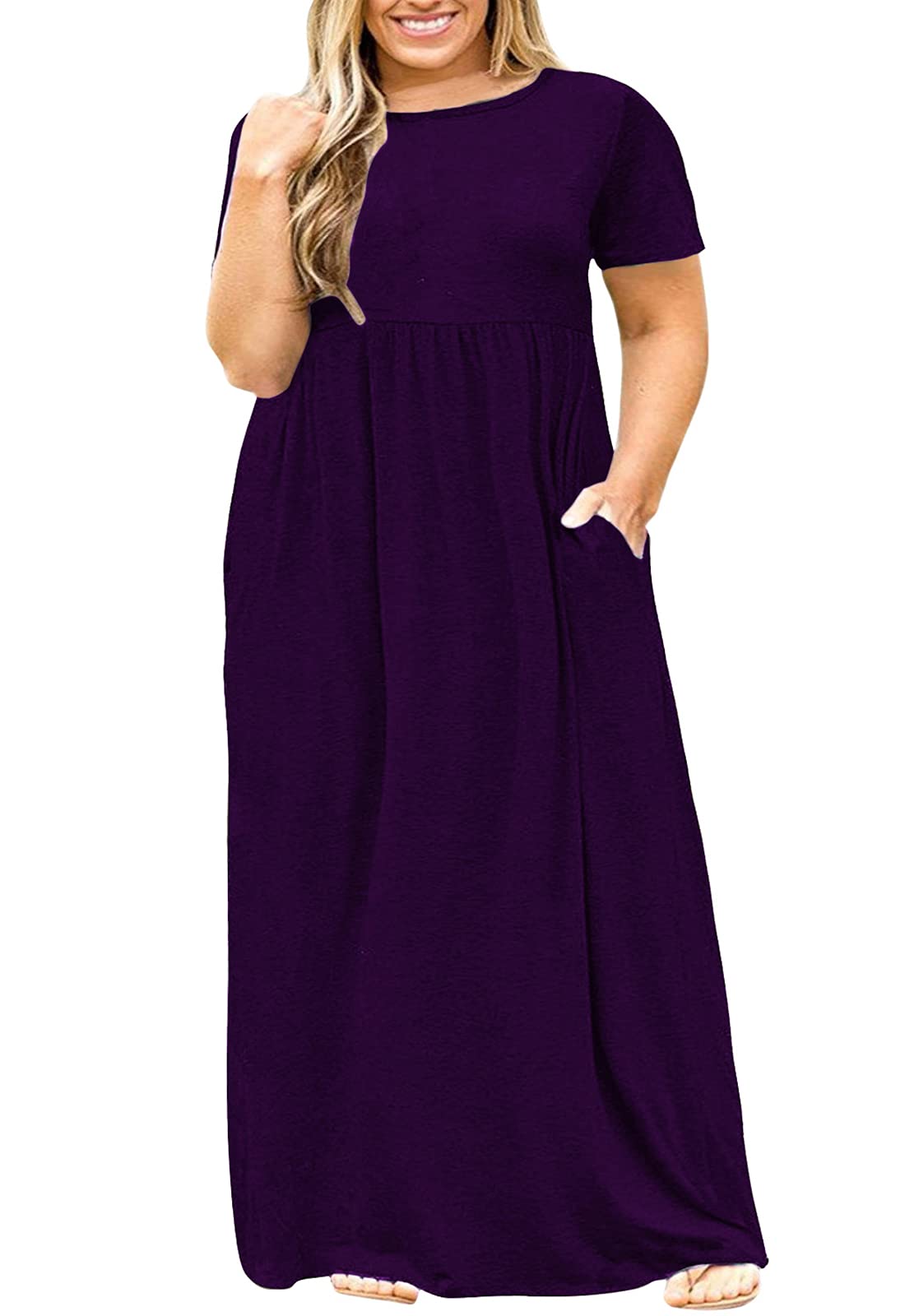 Nemidor Plus Size Maxi Dresses for Curvy Women Summer Casual Loose Short Sleeve Long Beach Dress with Pocket