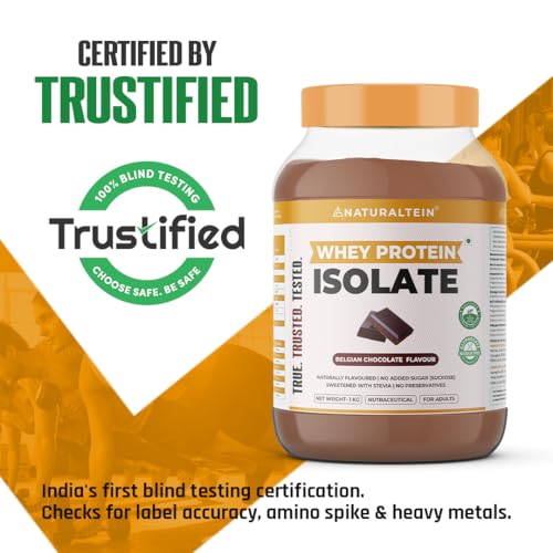 Image of NATURALTEIN Whey Protein Isolate - 30g Fast-Absorbing Protein per Serving | Belgian Chocolate Flavour | Stevia Sweetened | No Added Sugar | Ultra Low Fat | Lab-Tested | Gluten-Free | No Preservatives | 1 kg