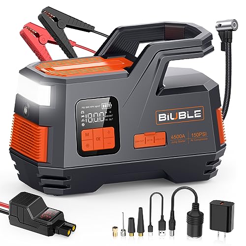 Arrancador de coche con compresor de aire, BIUBLE batería de arranque 4500A 26800 mAh portátil, inflador 150 psi para vehículos de 12 V (todos de gasolina y 10,0 l diésel), batería portátil, paquete