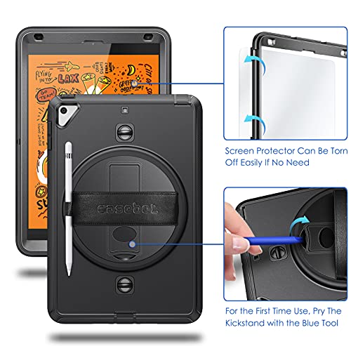 Casebot Case For Ipad Mini 5/4 7.9 Inch With Screen Protector, [360° Rotating Kickstand] Rugged Heavy Duty Full Body Shockproof Cover With Hand Shoulder Strap, Pencil Holder (Black) #TOP6