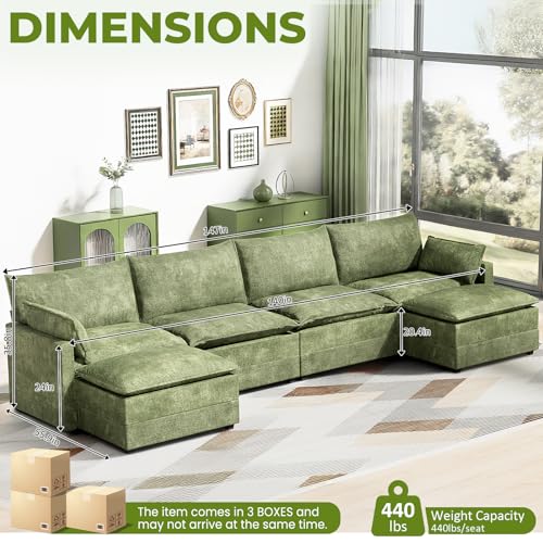 Image of LEVELEVE 147 inch U-Shape Modular Sofa with 2 Ottomans, Deep Seat Cloud Convertible Sleeper, 2 Arm Pillows, Comfortable Large Upholstered Furniture for Living Room Apartment, Green