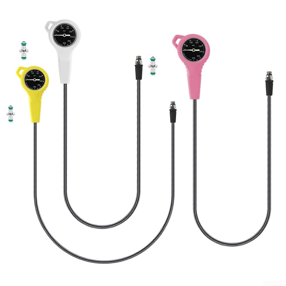 Medidor de presión de buceo con manguera tejida de fibra de carbono (rosa) | Rosca 7/16-20UNF, luminosa para esfera para agua oscura, rotación de 360 grados, alta estabilidad de hasta 300 bares