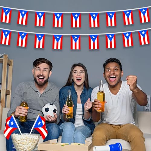 Image of AhfuLife 60 Pcs Puerto Rico String Flags for Party Decorations, Small Puerto Rico Flag Bunting Banner- Double Sided for Football Fan Party Heritage Hispanic Month Decorations (5.5x8.3 Inch -33 Ft)