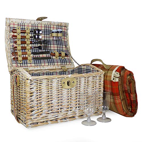 Shabby Chic 2 Person Picnic Basket con manta de tartán púrpura - Ideas de regalos para cumpleaños, aniversario y felicitaciones