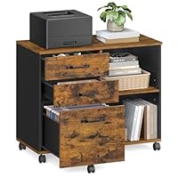 VASAGLE Rollcontainer, Aktenschrank, mit 3 Schubladen und Rollen, offene Fächer, für Dokumente in DIN A4-, Letter-Format, Druckerständer, Industrie-Design, vintagebraun-schwarz OFC041B01
