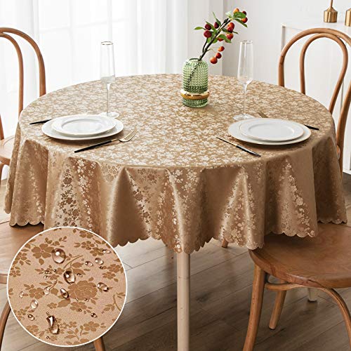 Image of Smiry Round Table Cloth, Waterproof Heavy Duty Vinyl Tablecloths, Wipeable Washable Table Cover for Kitchen and Dining Room (Brown, 70 inch x 70 inch)