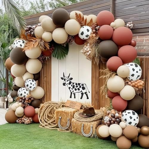 Image of Western Balloon Garland Double Stuffed Dusty Pink Brown Sand White Nude Balloon Arch Kit for Western Baby Shower Cowboy Cowgirl Birthday Boho Party Decorations