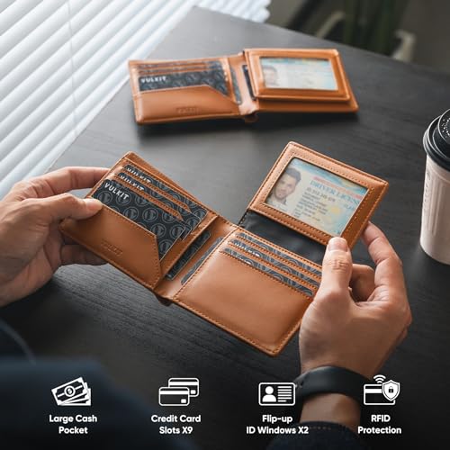VULKIT Men's Bifold Wallet Genuine Leather Wallet RFID Blocking with Multiple Card Slots and Double ID Windows Everyday Carry Wallet3