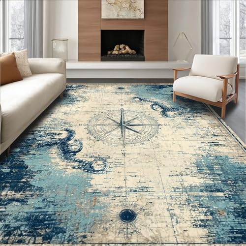 Image of Design&I Area Rug 6x9, Marine Life Treasure Map Vintage Nautical Compass Room Decor, Machine Washable, Stain Resistant Indoor Rug for Living Room, Bedroom, Non Slip (Blue, 6x9)